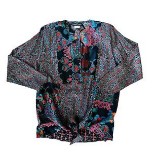 Carole Little Blouse Shirt Size 4 Floral Multicolor Tie Front Boho Retro USA EUC